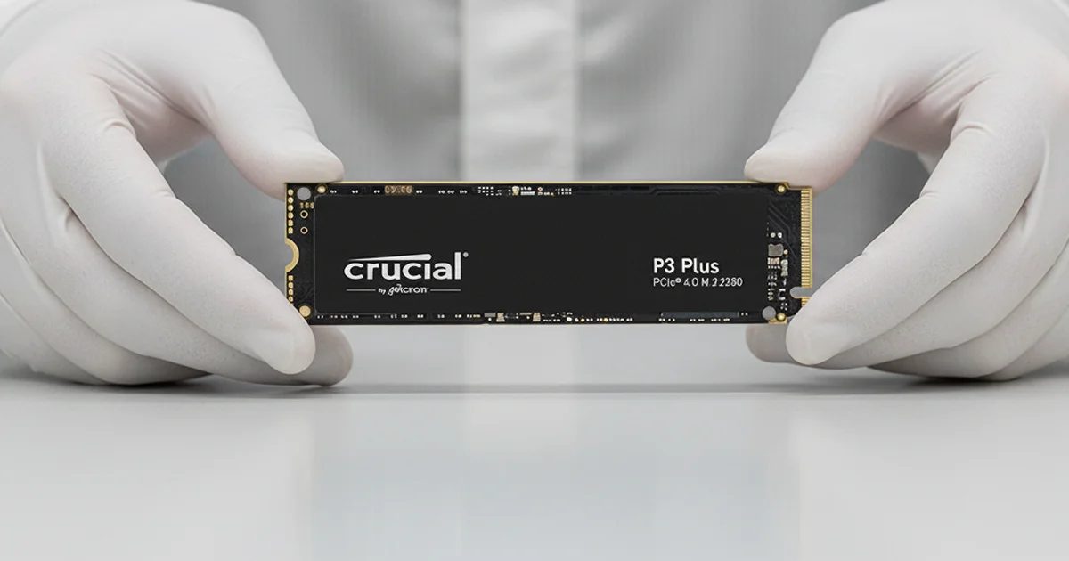 Beyaz eldivenli eller arasında tutulan Crucial P3 Plus NVMe M.2 SSD